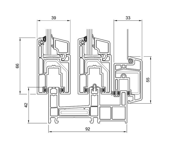 Diagram showing dimensions of a sliding door system with measurements labeled in millimeters.