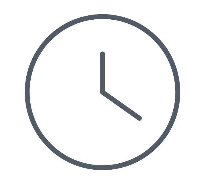 A simple, minimalist clock icon with a circular outline and two hands indicating 3 o'clock, set against a plain white background.