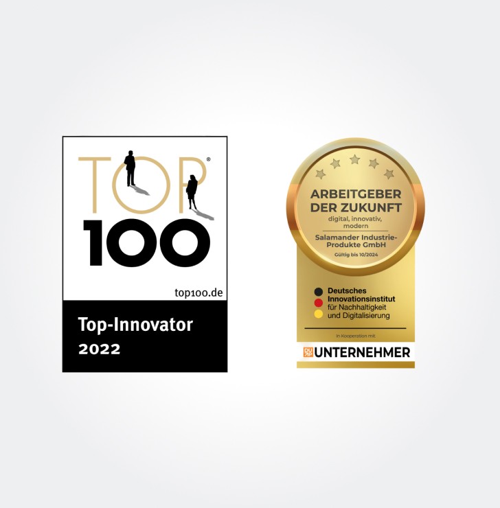 Zwei Logos nebeneinander. Das linke Logo steht für Top 100 Top-Innovator 2022. Das rechte Logo steht für Arbeitgeber der Zukunft.