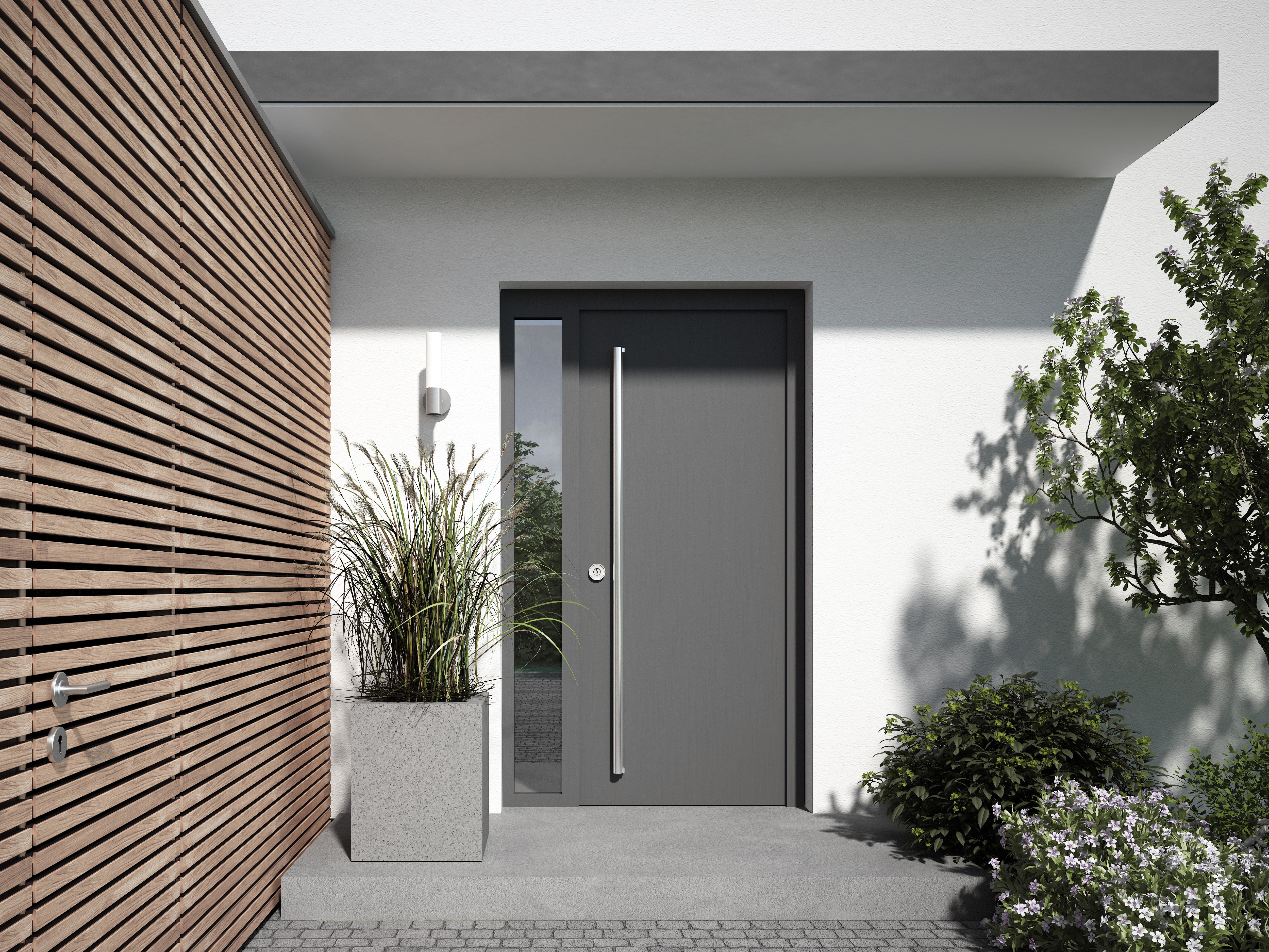 Modern gray entrance door with a silver handle and a glass panel, flanked by a wooden wall and a potted plant.