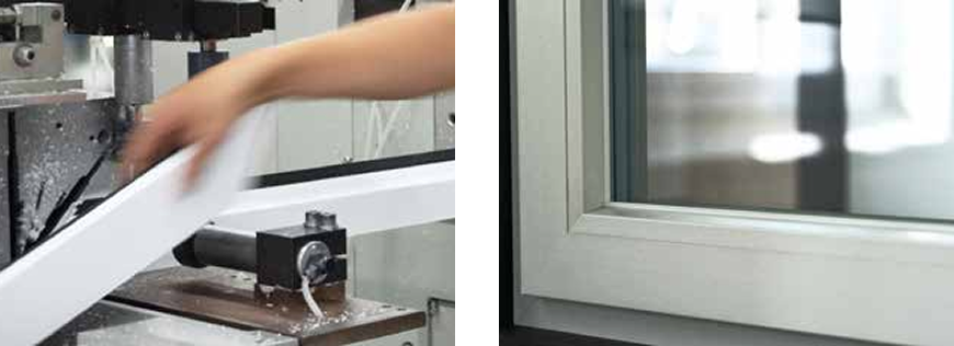A person operates a machine on a white piece of metal, and a close-up of an aluminum-framed window is shown on the right.