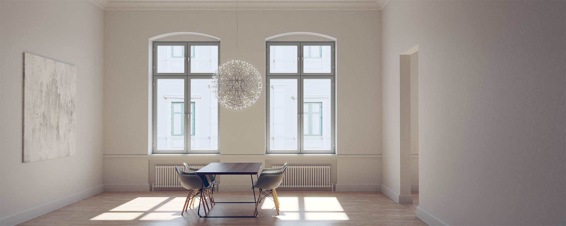 Empty dining room with a table and chairs, large windows, and a modern chandelier hanging from the ceiling.