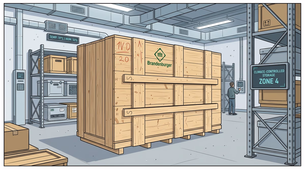 Wooden shipping crate with Brandenburger logo without plastic wrap, unwrapped, placed inside a modern climate-controlled warehouse facility with temperature control systems, industrial shelving, and professi (1)