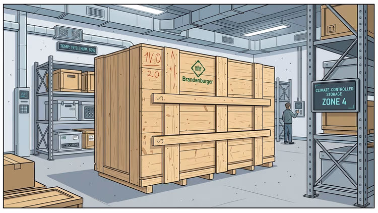 Wooden shipping crate with Brandenburger logo without plastic wrap, unwrapped, placed inside a modern climate-controlled warehouse facility with temperature control systems, industrial shelving, and professi (1)