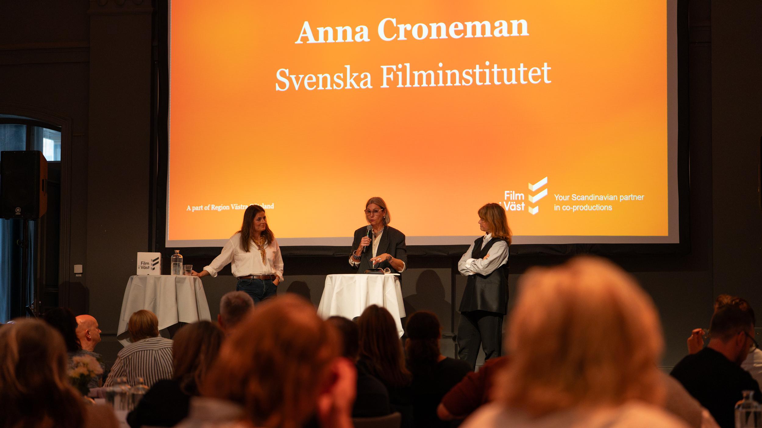 Kjersti Mo (NFI), Anna Croneman (SFI) och Tine Fischer (DFI) under Film i Västs Nordiska dag 2026