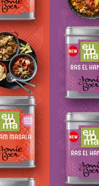 Colorful spice tins labeled Curry Madras, Garam Masala, Ras El Hanout, and Picadillo, with cooked dishes on matching vibrant backgrounds.