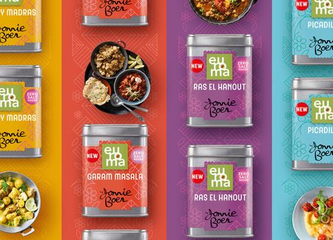 Colorful spice tins labeled Curry Madras, Garam Masala, Ras El Hanout, and Picadillo, with cooked dishes on matching vibrant backgrounds.
