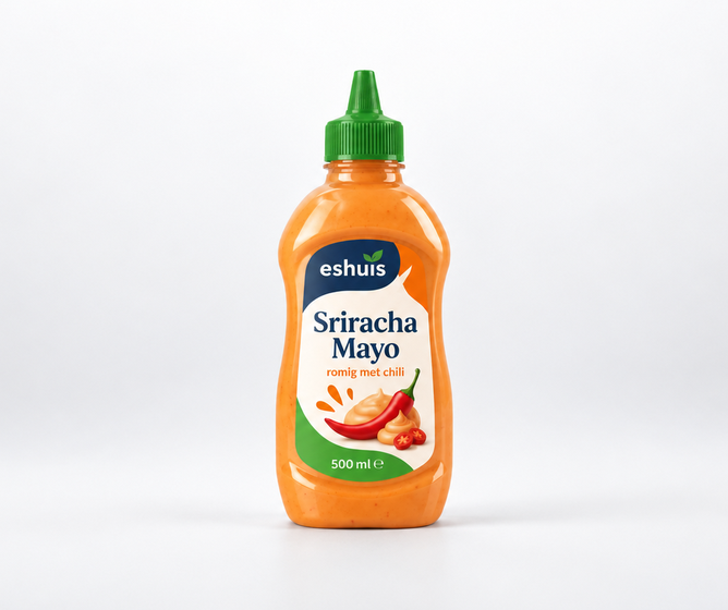 Bottle of eshuis Sriracha Mayo sauce with green cap, orange mayo, chili illustration, and 500 ml label on white background.