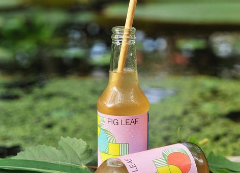 Two fig leaf soda bottles with colorful labels rest on green leaves by a lush pond.
