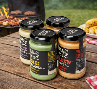Four jars of Sam’s dipping sauces on a picnic table by a grill with burgers and corn cooking in the background.