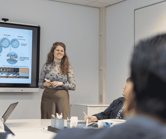 Woman giving a presentation beside a screen with technical diagrams, speaking to seated colleagues in a meeting room.