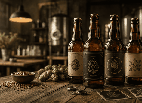 Bierflesjes op tafel met etiketten voor eigen merk