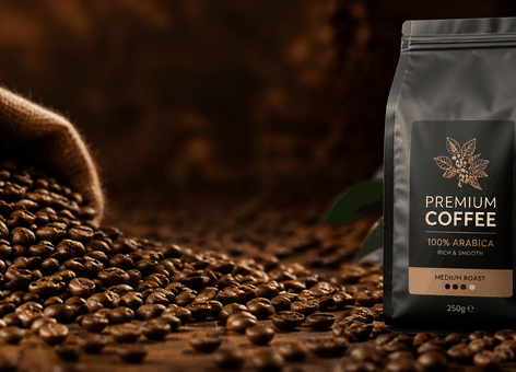 koffiebonen liggend op tafel met koffieverpakking private label ernaast