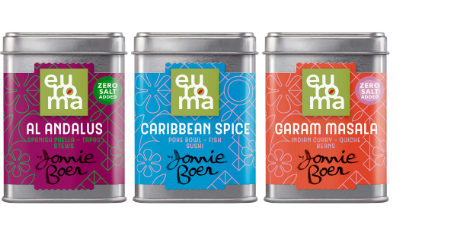 Three Euroma spice tins labeled Al Andalus, Caribbean Spice, and Garam Masala with colorful floral designs and “Jamie’s Beee” branding.