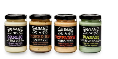 Four jars of Big Sam’s dips: Garlic BBQ, Smoked BBQ, Peppadew BBQ, and green Wasabi Mayonnaise in black-labeled glass jars.