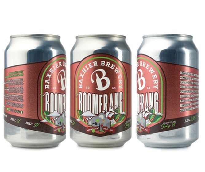 Three silver beer cans of Baybier Brewery Boomerang, red labels with white “b” logo and floral design, shown front and back.