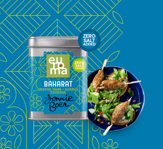 Euroma Baharat spice tin with “zero salt added” label beside skewered meat salad on blue plate, on bright blue patterned background