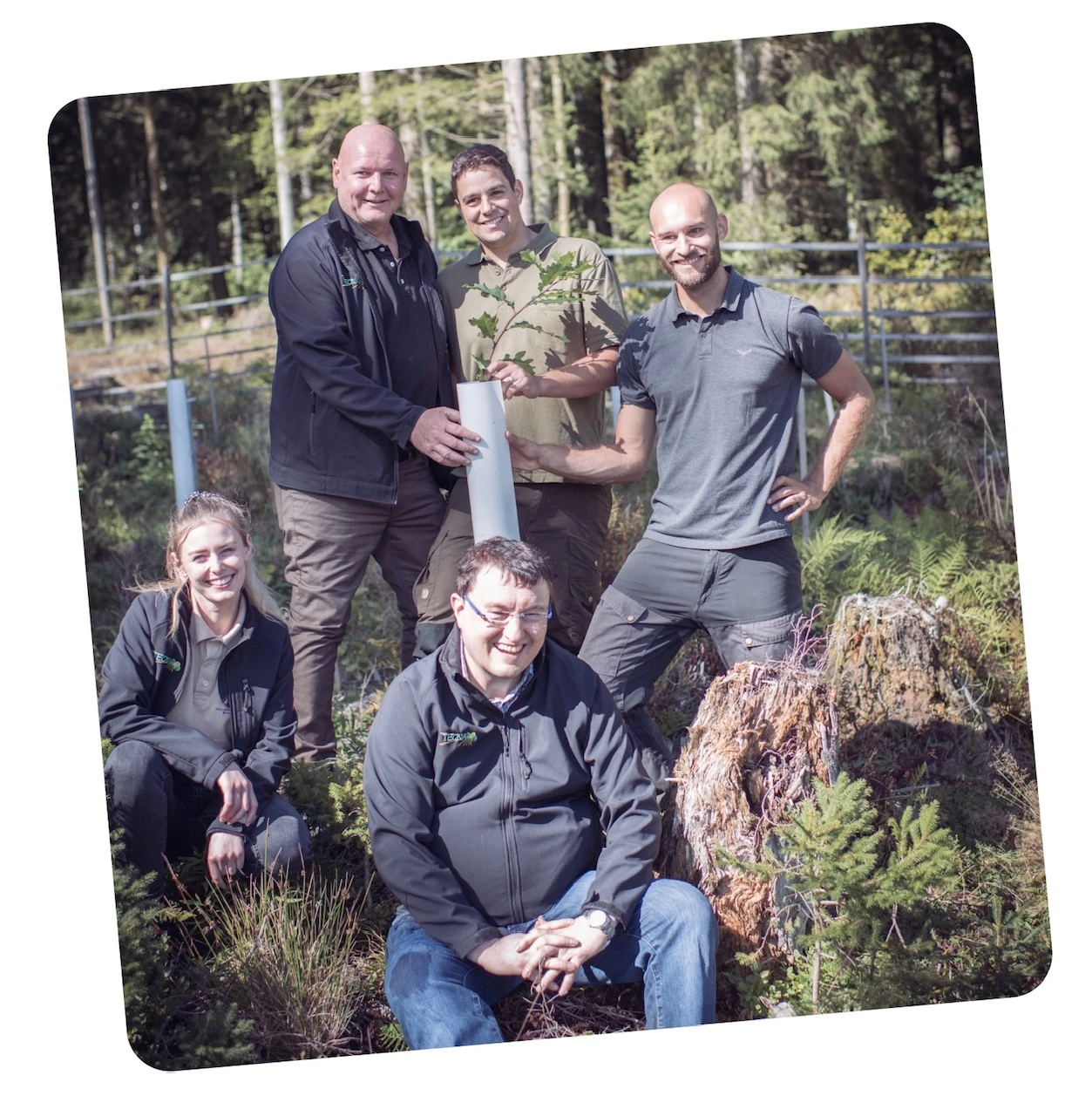 Gruppe von fünf Personen im Freien in einem Wald, lächelnd und posierend mit einem Baumsetzling. Die Logos von „Deutschland Forstet Auf“ und „Arbo Trade“ sind zu sehen.