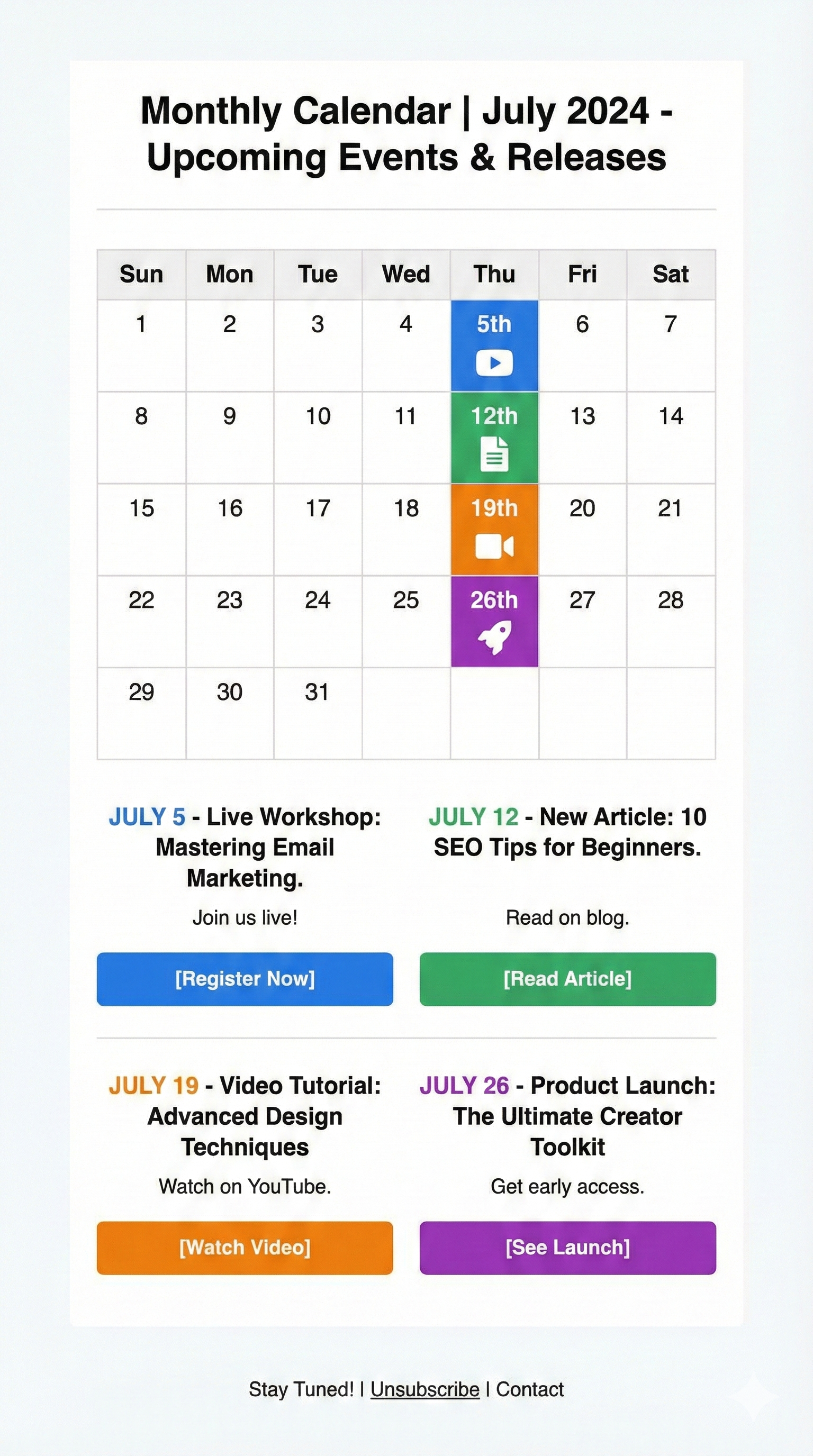 Plantilla de newsletter para calendarios y anuncios del mes Plantilla de newsletter para calendarios y anuncios del mes