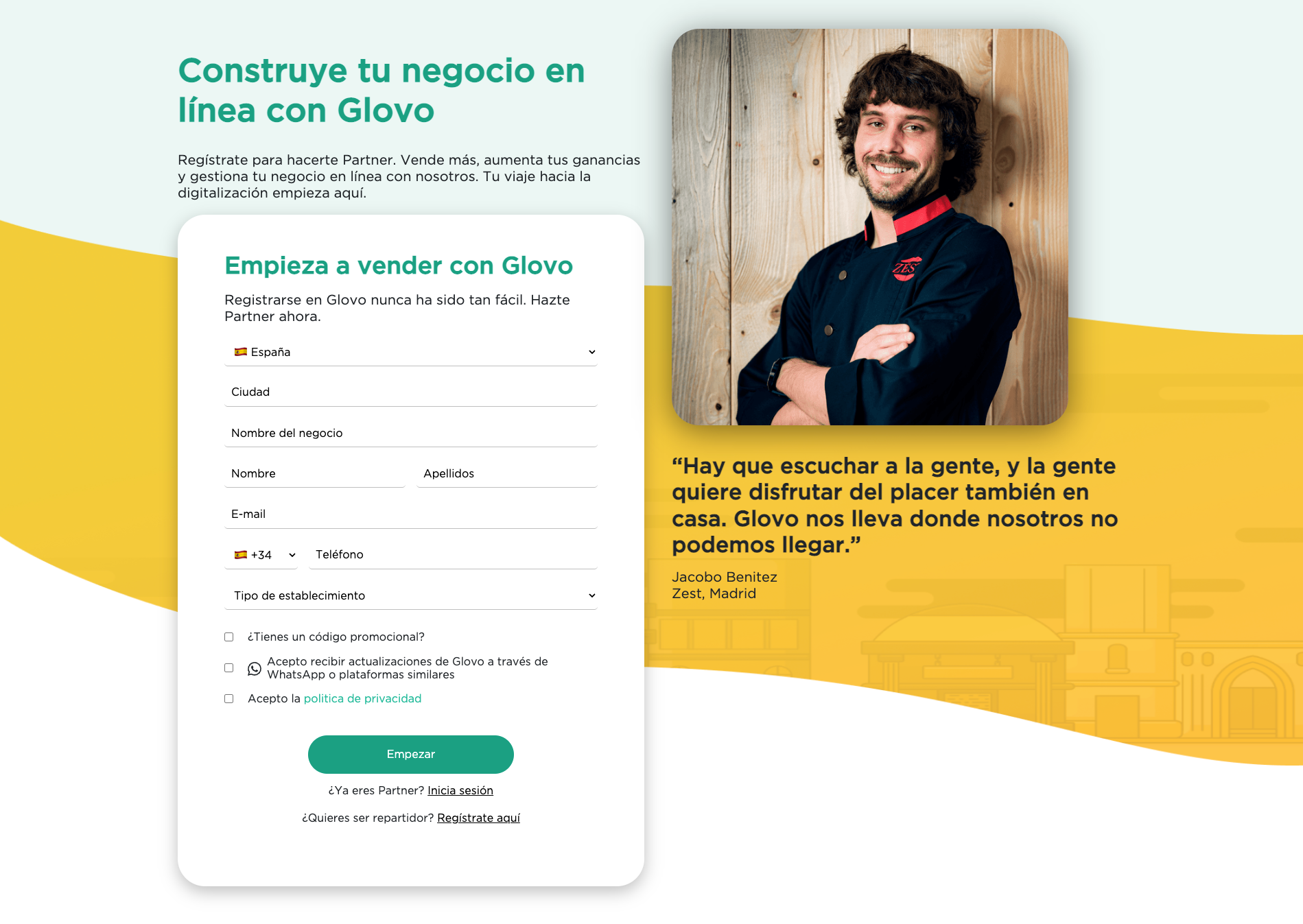 formulario de contacto de Glovo