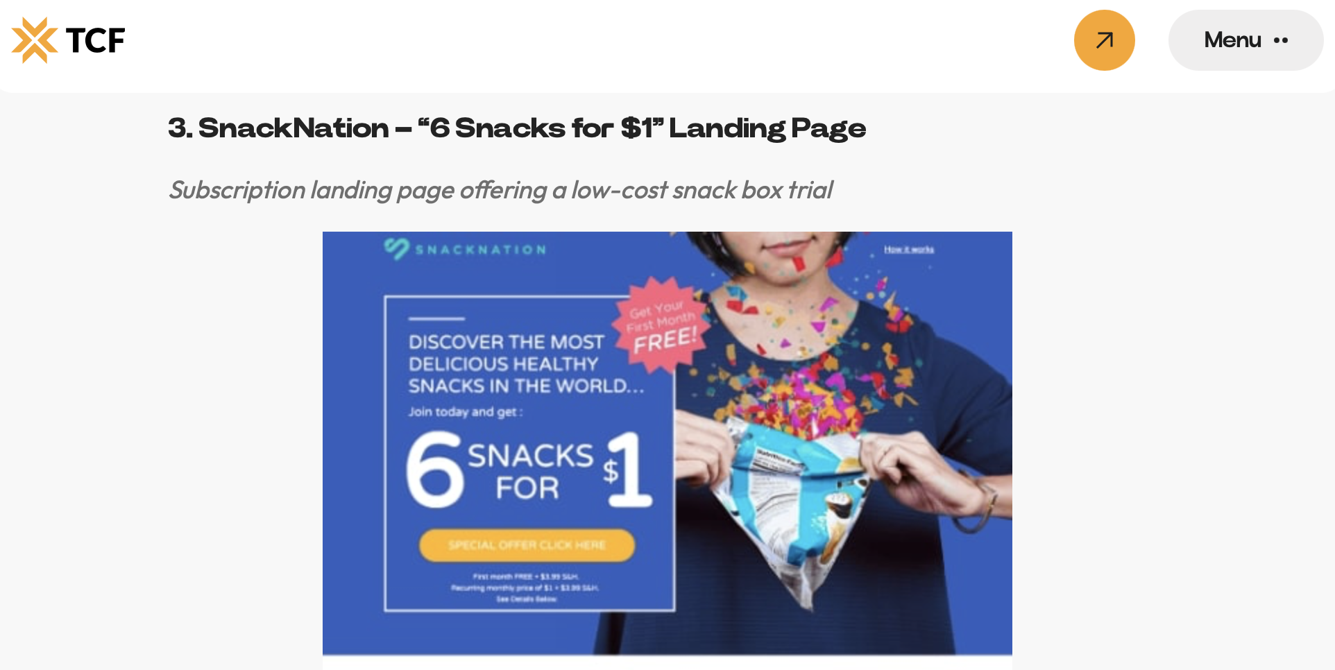 Ejemplo de TFC de landing page
