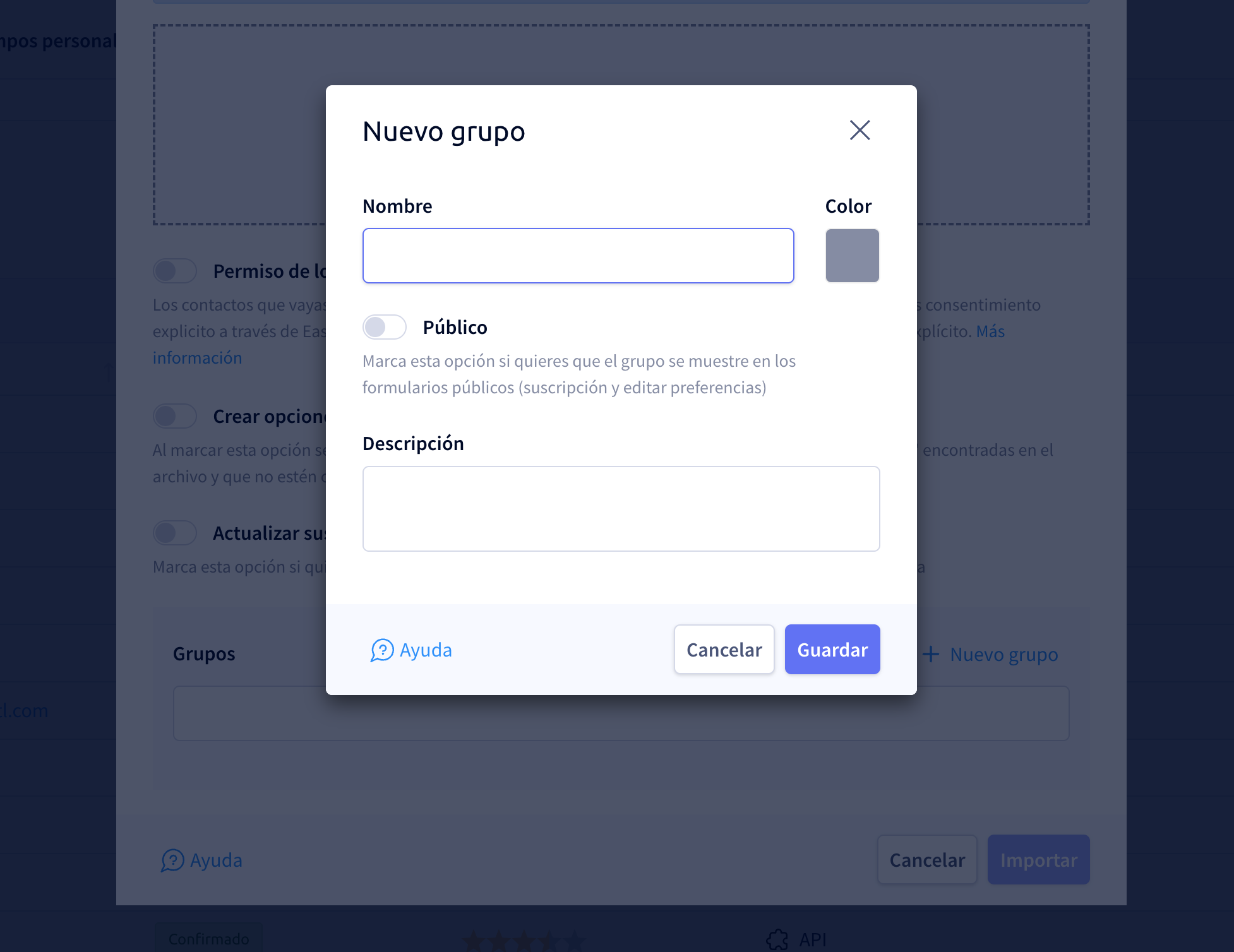 Modal en el que se ve como puede crearse grupos sin salir del sitio