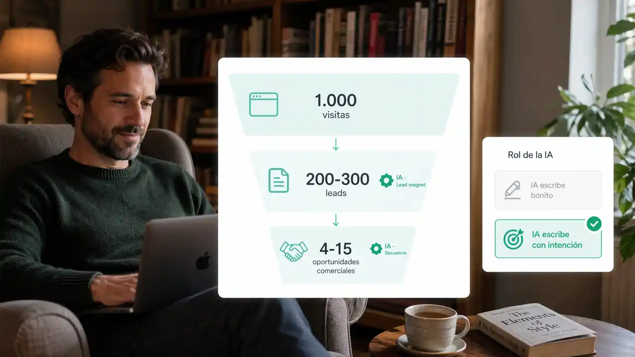 Director de marketing trabajando con IA en un sillón de lectura, junto a un funnel de conversión con datos concretos (1.000 visitas, 200-300   leads, 4-15 oportunidades comerciales) y la IA actuando como motor estratégico en cada etapa, no como redactor automático