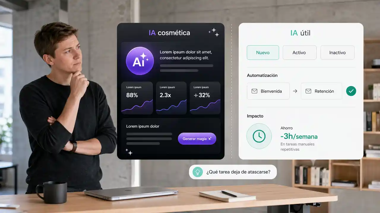 Founder evaluando dos paneles comparativos de email marketing: a la izquierda IA cosmética con demo brillante vacía y sparkles, a la derecha IA   útil con segmentos, flujo de automatización y métrica de tiempo ahorrado, bajo la pregunta qué tarea deja de atascarse