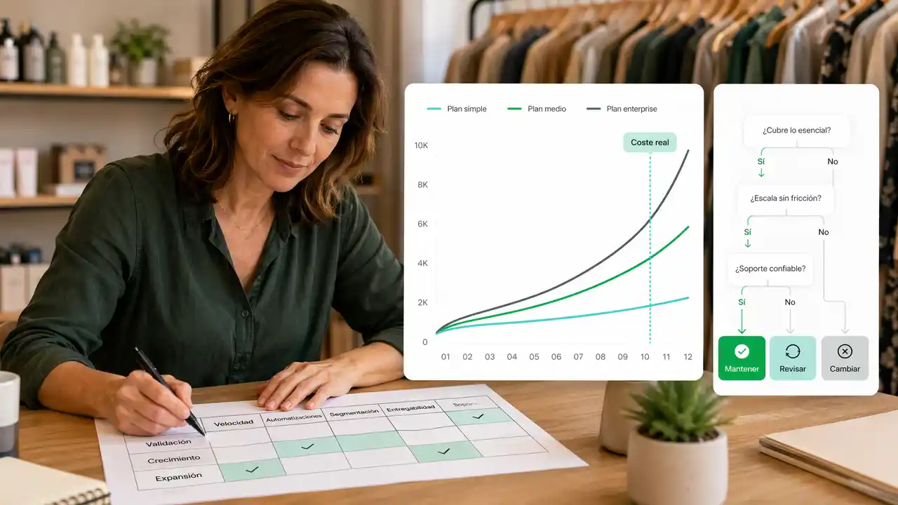 Emprendedora de una tienda online marcando una matriz impresa de etapa del negocio (validación, crecimiento, expansión) frente a criterios clave   (velocidad, automatizaciones, segmentación, entregabilidad, soporte), junto a un gráfico con las curvas de coste a 12 meses de planes simple, medio y   enterprise y un árbol de decisión