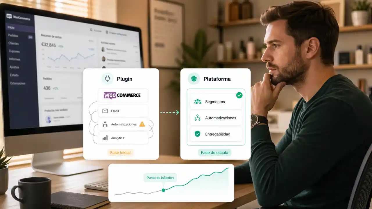 Dueño de tienda WooCommerce evaluando en su monitor la comparativa entre un plugin de email fragmentado (fase inicial) y una plataforma unificada    con segmentos, automatizaciones y entregabilidad (fase de escala), con un gráfico que marca el punto de inflexión