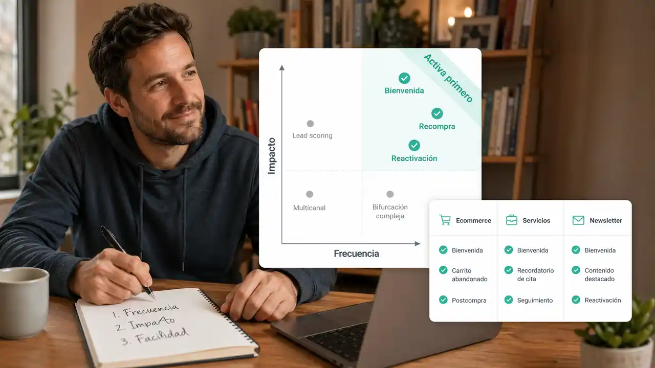 Dueño de pyme revisando una matriz de priorización de automatizaciones por frecuencia e impacto, con Bienvenida, Recompra y Reactivación   destacadas en verde y recomendaciones específicas por modelo de negocio (ecommerce, servicios, newsletter)
