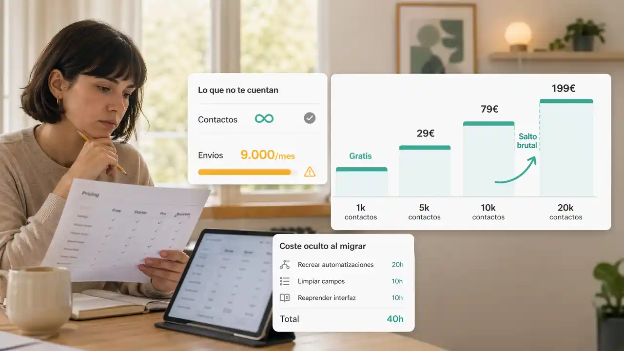 Pyme revisando la trampa del plan gratis de email marketing: contactos ilimitados pero envíos limitados a 9.000/mes, escalera de precios con   salto brutal entre tramos y coste oculto de 40 horas al migrar