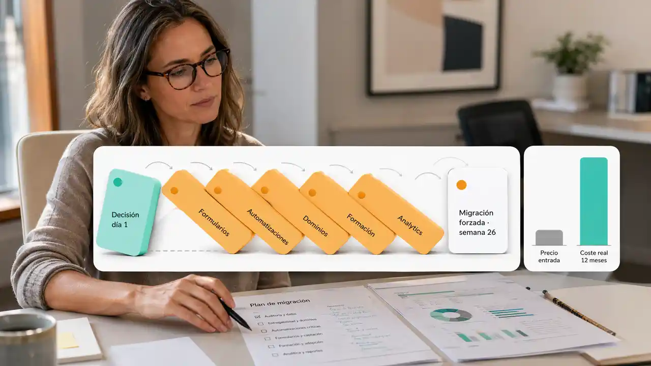 Responsable de marketing revisando un plan de migración con una cascada tipo dominó que muestra el coste oculto de cambiar de plataforma   (formularios, automatizaciones, dominios, formación, analytics) y la comparativa entre precio de entrada y coste real a 12 meses