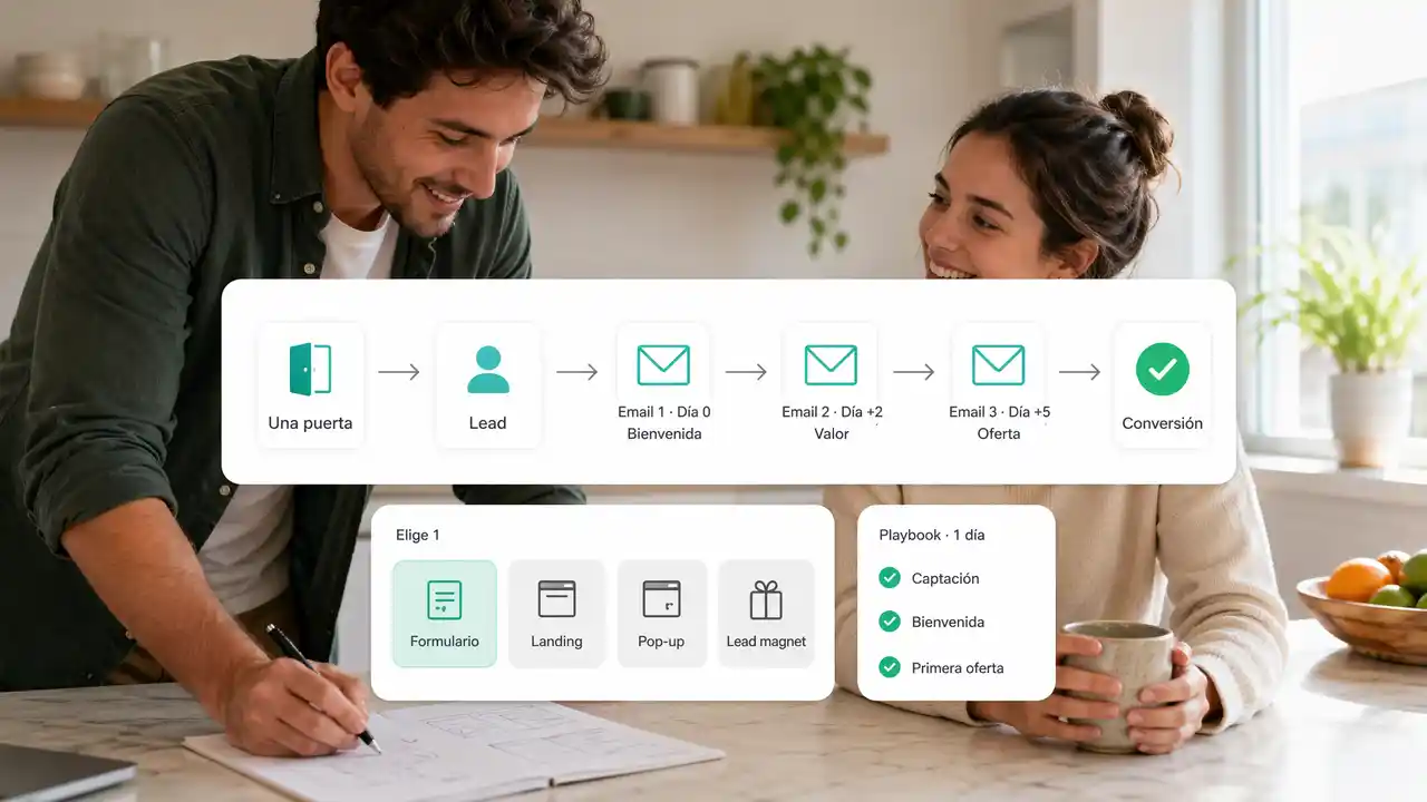 Dos socios de un pequeño negocio revisando en una isla de cocina un pipeline mínimo de captación de leads: una puerta de entrada única, tres   emails de bienvenida en días 0, 2 y 5, y primera oferta comercial, con checklist de playbook de 1 día