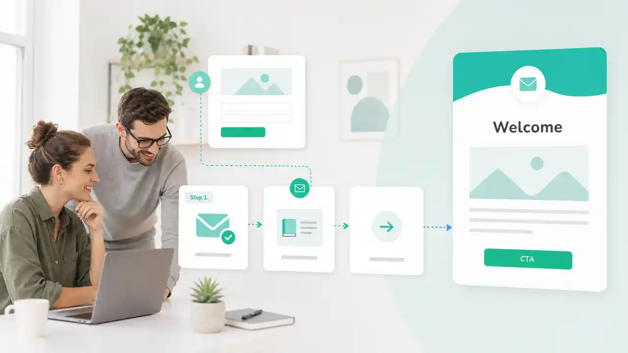Equipo de pyme revisando un flujo de bienvenida con email inicial, entrega de valor y CTA.
