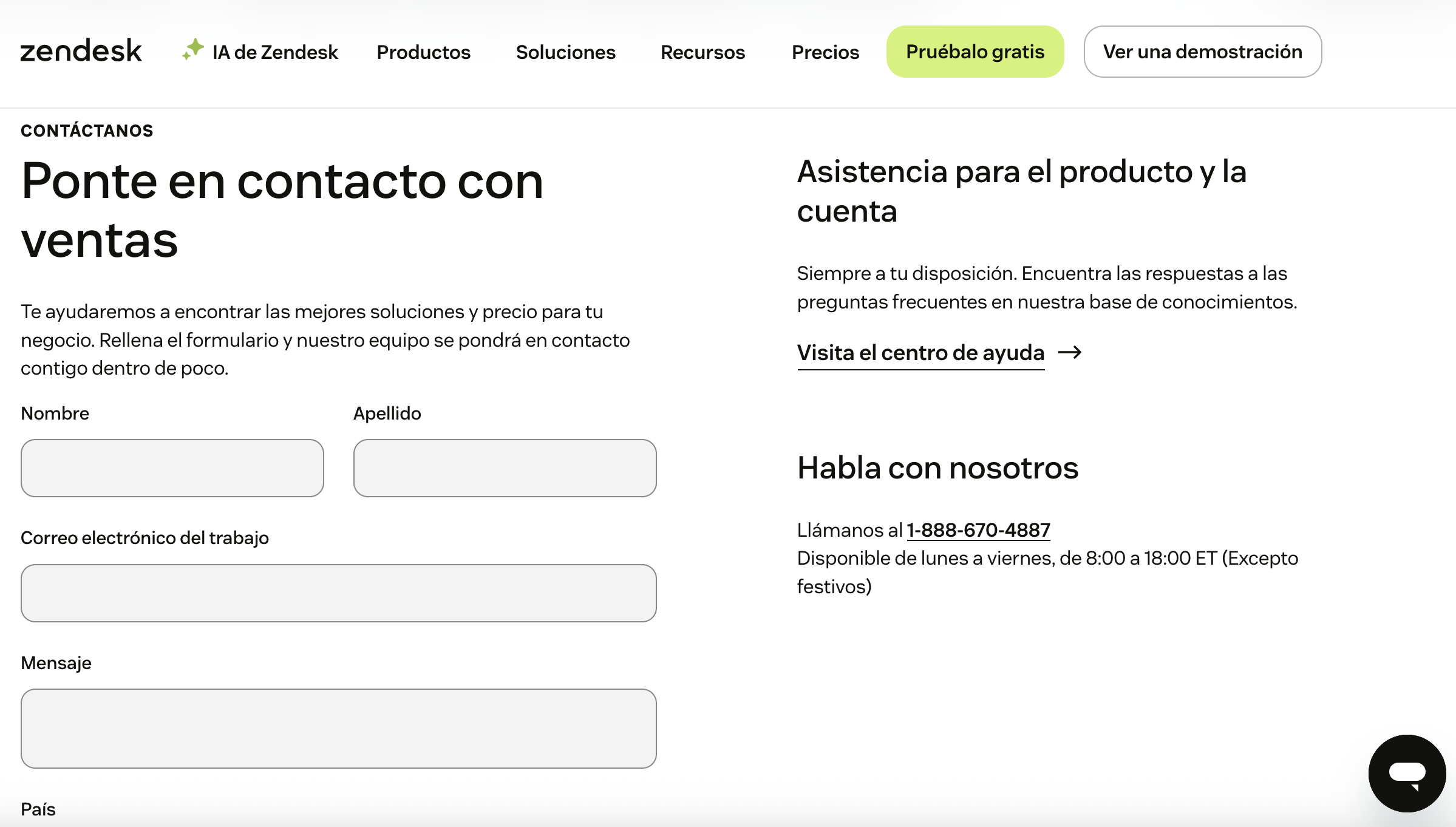 Formulario de contacto de Zendesk