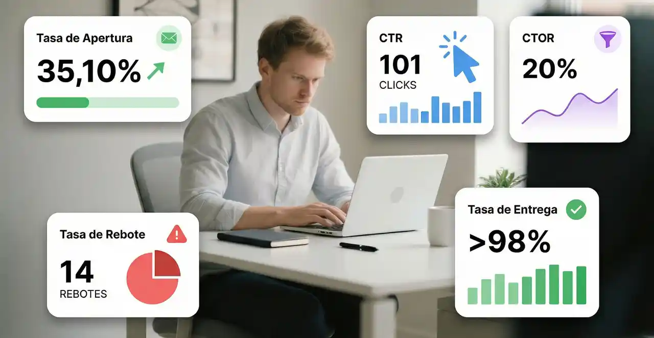 Hombre analizando KPIs de email marketing como tasa de apertura, clics, rebotes y entregabilidad