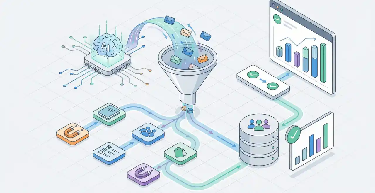 Diagrama de IA aplicada al email marketing con automatización, captación de leads y análisis de resultados