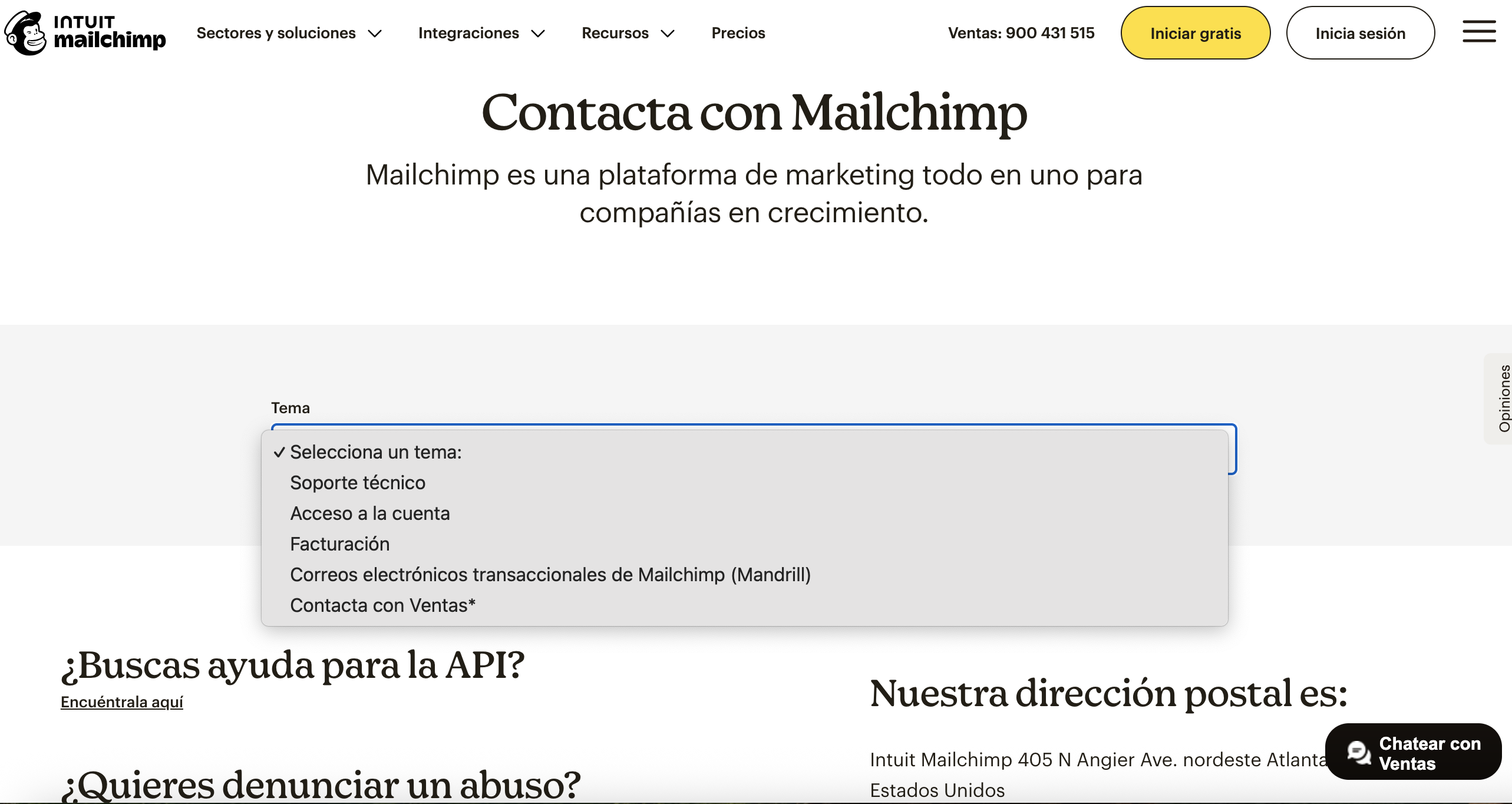 Formulario de contacto de Mailchimp