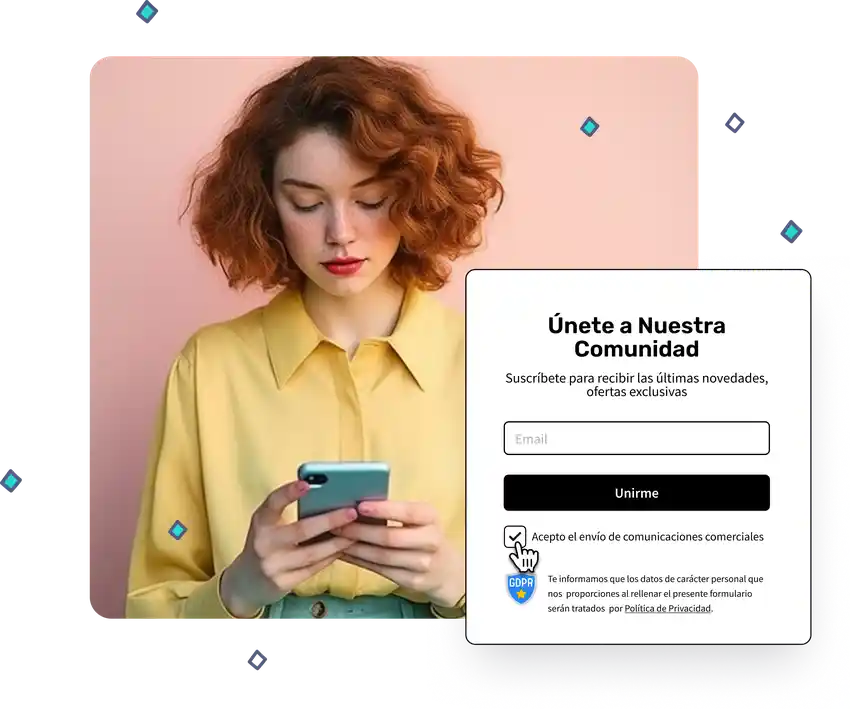Mujer utilizando su móvil, acompañada de un formulario para unirse a la comunidad y aceptar comunicaciones comerciales bajo normativa GDPR
