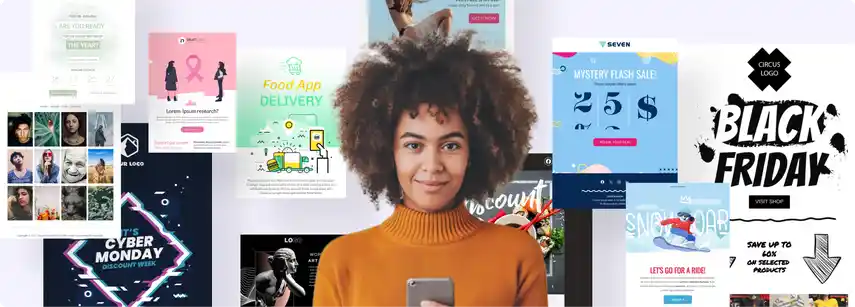Una mujer joven con el móvil rodeada de ejemplos de plantillas de email promocionales y de marketing, como Black Friday, Cyber Monday y descuentos.