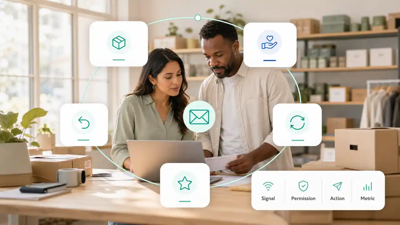 Equipo de ecommerce revisando el ciclo relacional poscompra con email como conector y una matriz señal, permiso, acción y métrica.