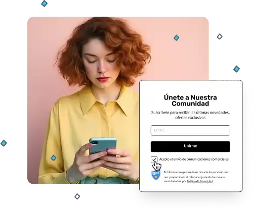 Mujer pelirroja usando el móvil junto a un formulario RGPD de suscripción