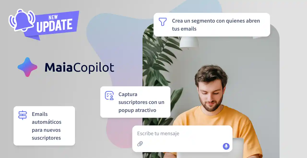 Imagen de cabecera de Maia Copilot en Easymailing con interfaz de chat, sugerencias de acciones de email marketing y sello “New update”.