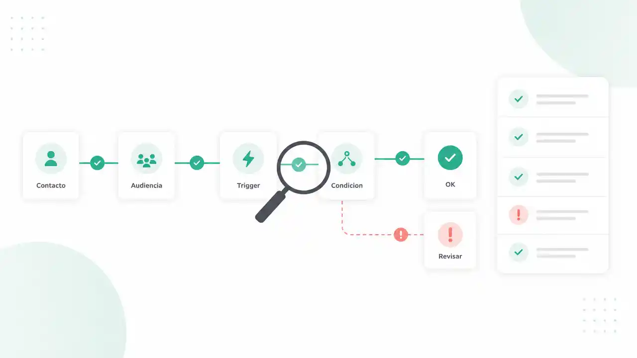 Checklist visual para revisar audiencia, trigger, grupos y condiciones de una automatización