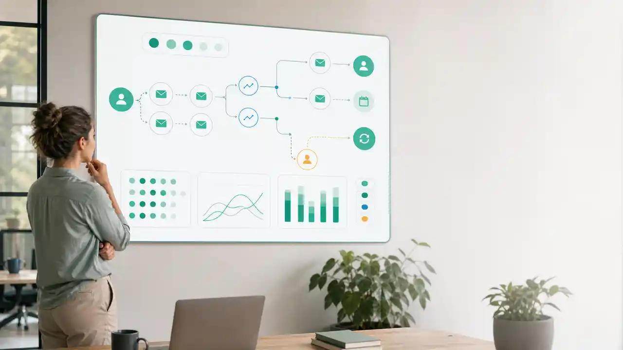 Hero visual de email marketing para SaaS B2B con dashboard lifecycle y flujos de email