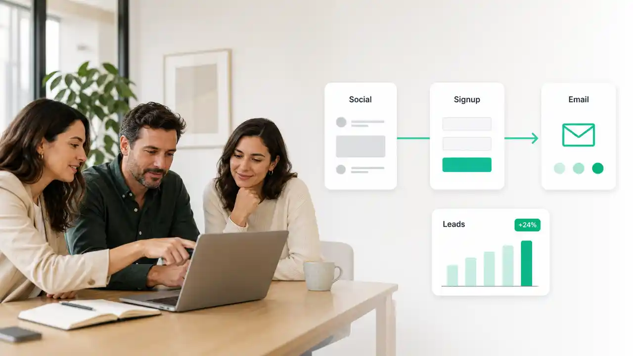 Equipo conectando contenido social con formularios y campañas de email para construir audiencia propia