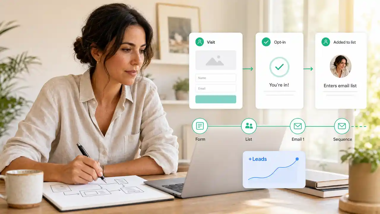Persona creando una landing page integrada con lista y secuencia de email