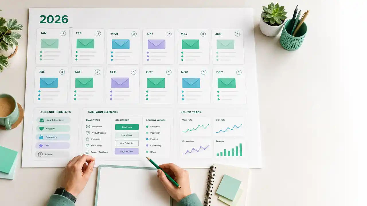 Planificación anual de campañas de email marketing 2026 con meses, audiencias, objetivos y KPIs.