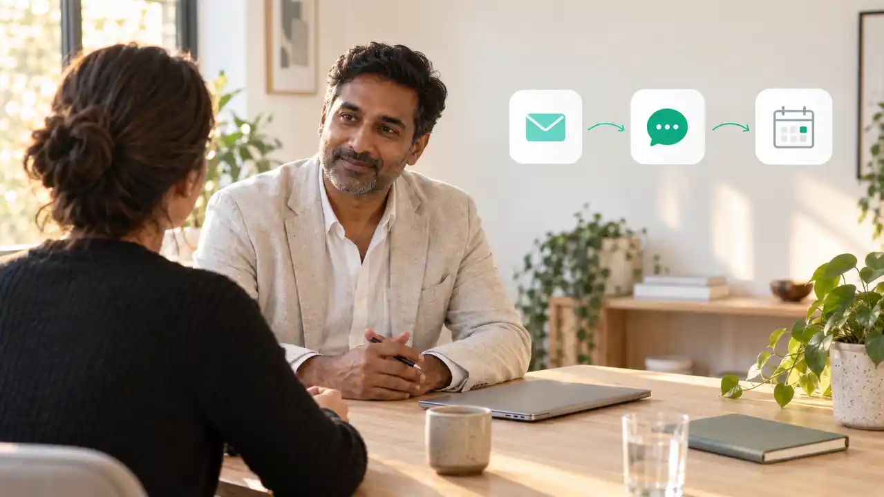 Coach conversando con una persona junto a una secuencia de newsletter